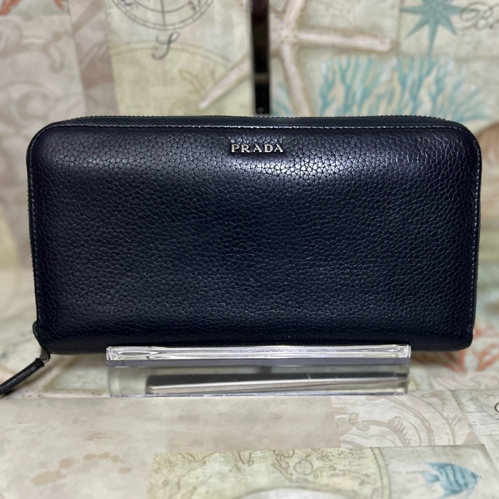 Prada Dark Blue Leather Zip Around Wallet